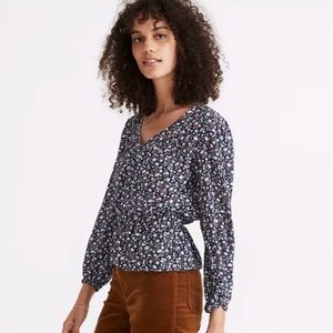 Silk Button-Front Peplum Top in Harvest Vine